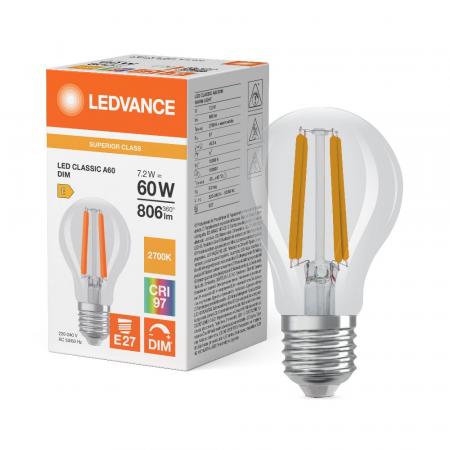 Ledvance E27 LED Lampe Classic dimmbar klar 7,2W wie 60W 2700K warmweißes Licht CRI97 sehr hohe Farbwiedergabe